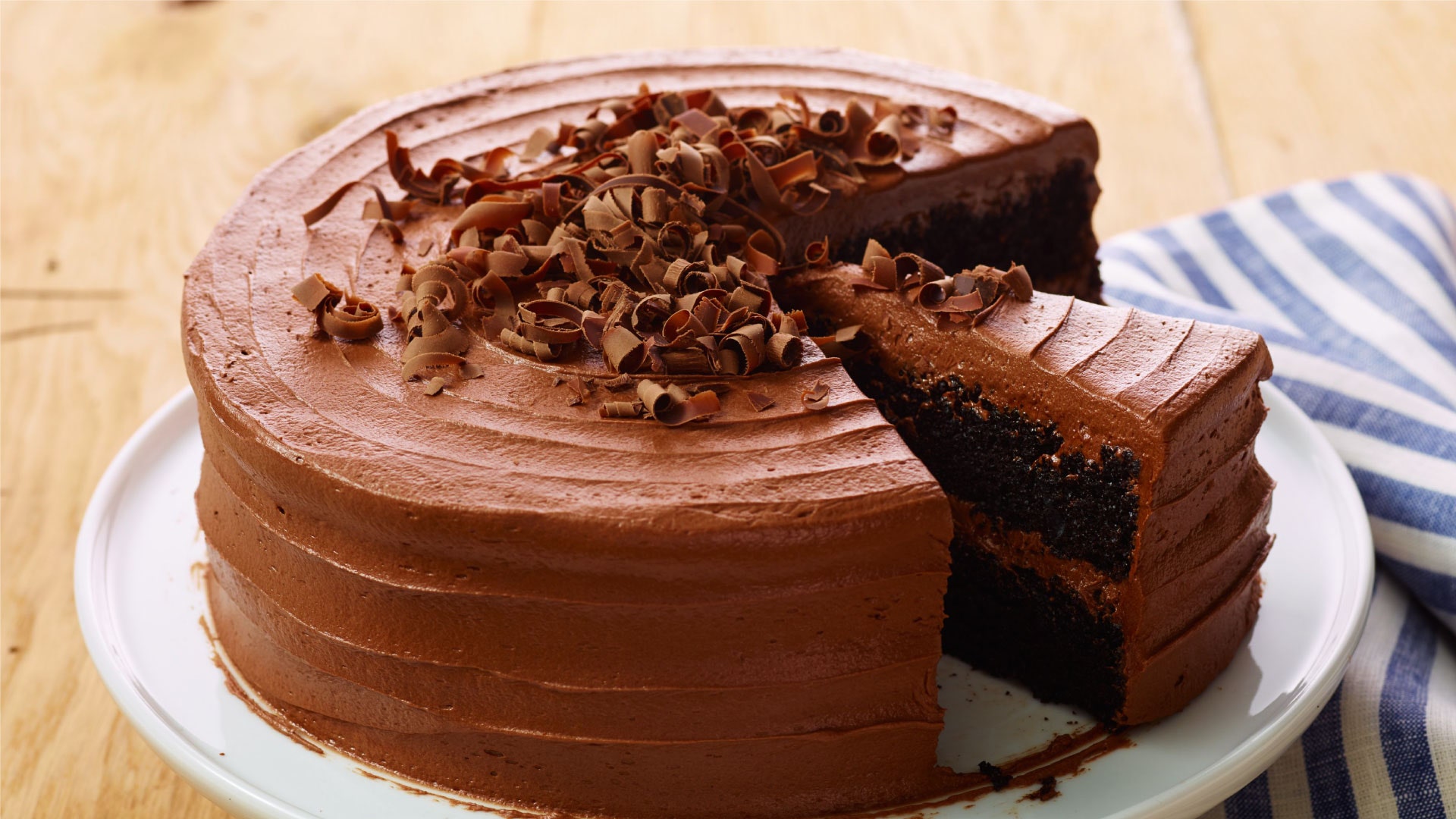 Hershey's deep dark chocolate cake with chocolate curls.